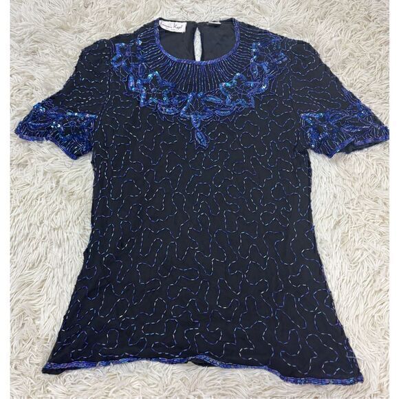 Blue & Black Vintage Beaded Silk Blouse size Medium by Laurence Kazar - Picture 1 of 8